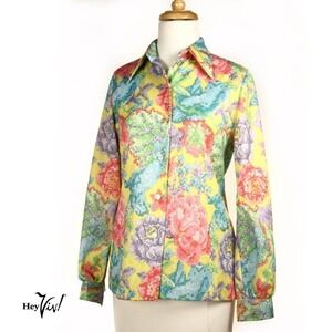 Vintage 70s Shirt Rainbow Colored Flower Long Sleeve Button Up Size 14 - Hey Viv